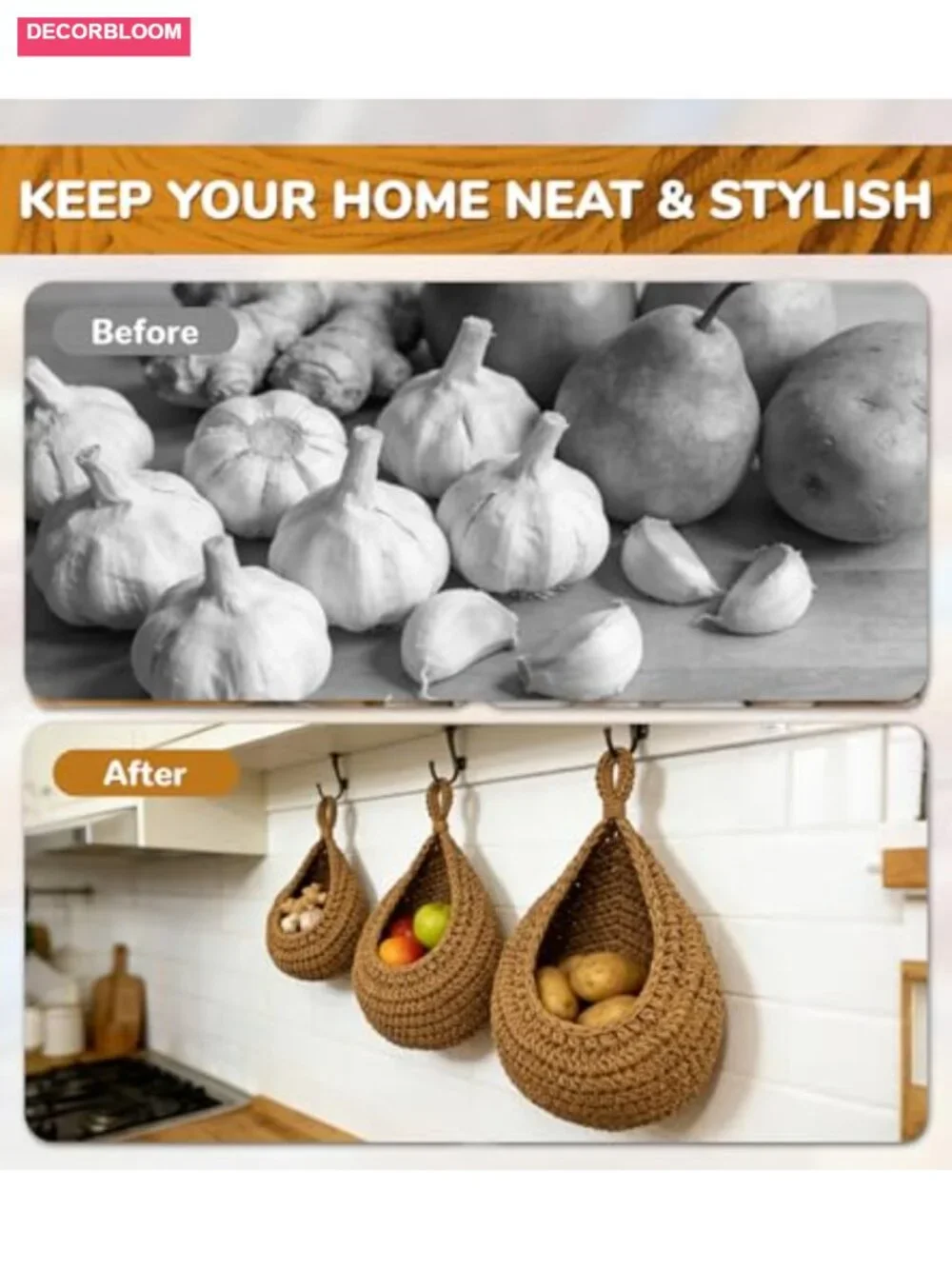 3 Pack Boho Hanging Wall Baskets for Kitchen Storage with Hooks